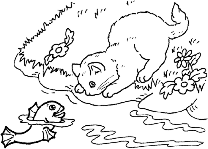 Розмальовки тварини рибка і кішечка біля ставка