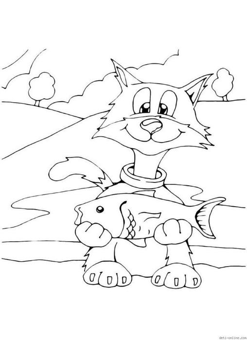 Розмальовки Кішки  розмальовки для дітей, кішка, велика риба