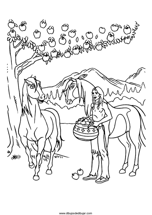 Розмальовки Коні дівчина, дерева, природа, трава, коні, кошик, яблука