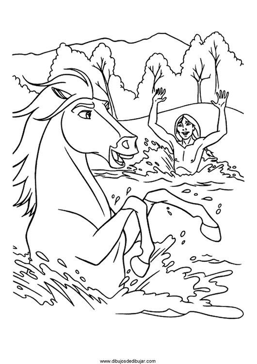 Розмальовки Коні вода, кінь, дівчина, природа
