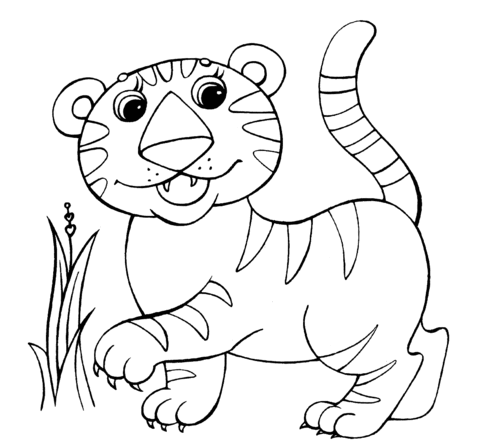 Розмальовки Тигр тигреня, трава, розмальовки, дикі тварини