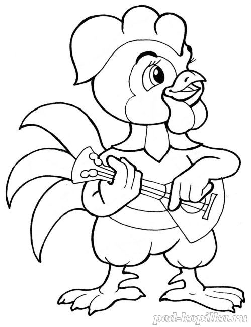 Coloring Hen and Rooster Cockerel, a musician, a balalaika