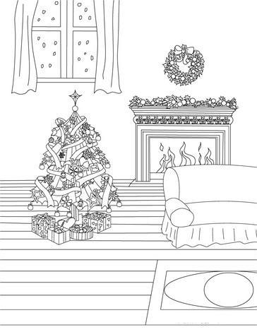 Розмальовки Новий рік ялинка біля каміна розфарбування, скачати і роздрукувати безкоштовно