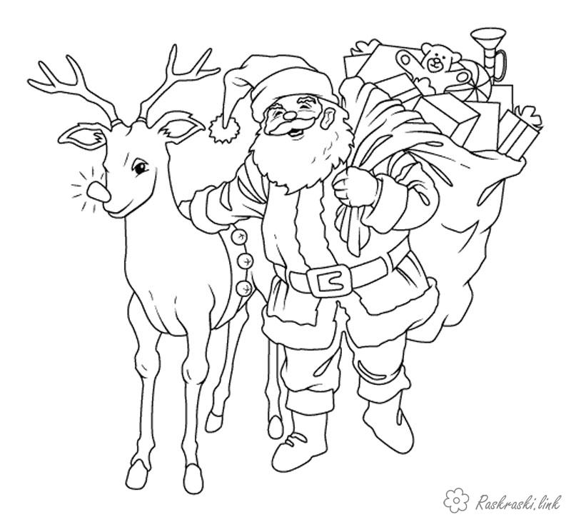 Розмальовки олень розмальовки дітям, чорно-білі картинки, новий рік, свято, зима, олень, дід мороз, подарунки