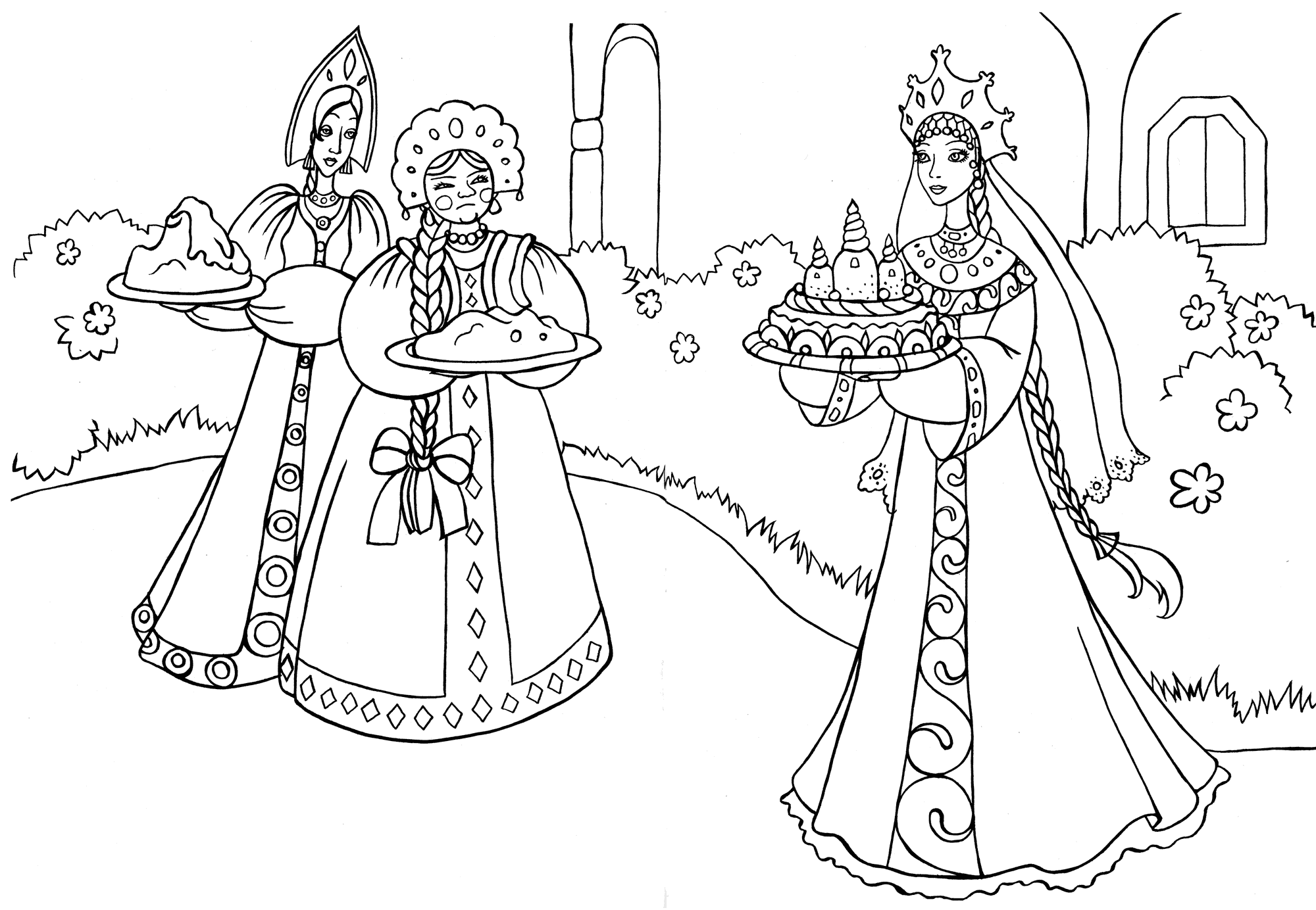 Розмальовки розмальовки до казки царівна жаба Три царівни, царівни з хлібом, розфарбування по казці