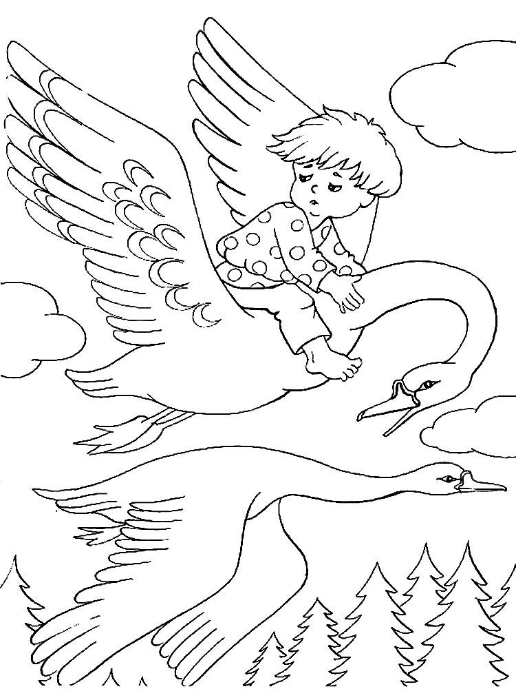 Розмальовки дітей хлопчик лебеді ліс хмари ялинки 