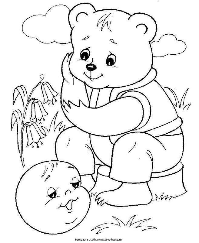 Розмальовки розмальовки для дітей за казками Мишка і колобок пеньок ліс квіти природа трава