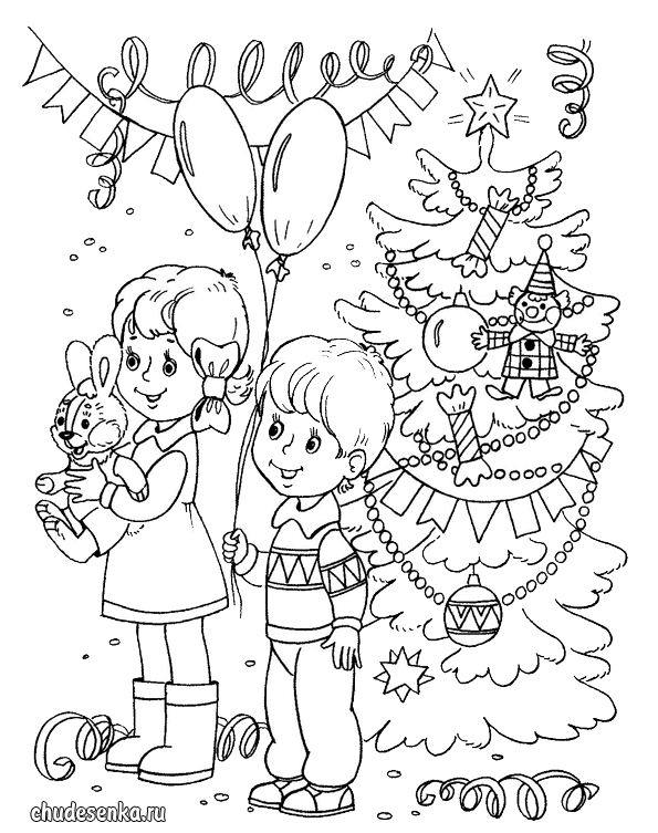 Розмальовки Новий рік розмальовки дітям, чорно-білі картинки, діти, новий рік, свято, зима, хлопчик, дівчинка