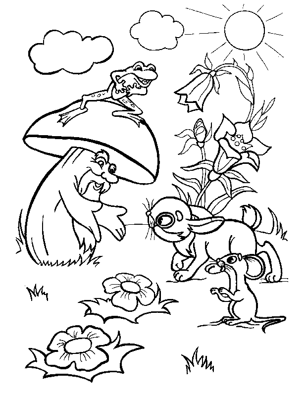 Розмальовки дітей Казка Гребок-теремок зайчик жаба мишка великий гриб сонечко