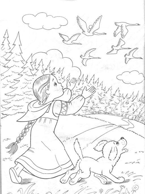 Coloring free girl and dog, geese, swans, fairy tale coloring pages, free download