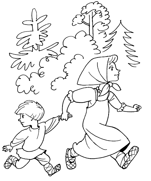 Розмальовки розмальовки до казки гуси лебеді сестра і брат біжать в лісі гуси лебеді казка