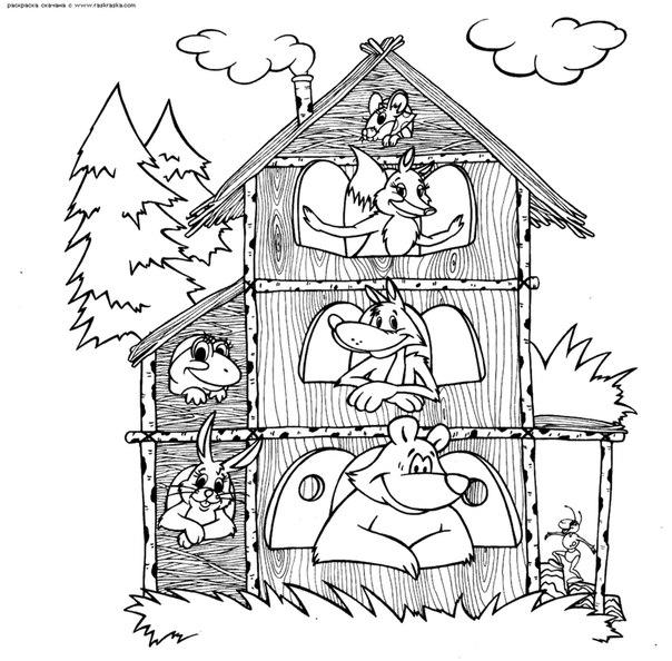 Розмальовки розмальовки для дітей за казками У теремку ведмідь лисиця вовк мишка жаба заєць тарган хмари дерево дим