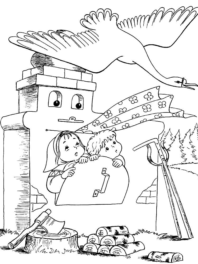 Розмальовки розмальовки для дітей за казками Хлопчик і дівчинка ховаються в грубці від гусака лебедя сокиру пеньок дрова