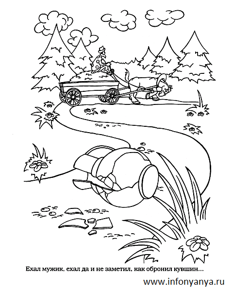 Розмальовки розмальовки для дітей за казками Їхав мужик, їхав та й не помітив, як обороняли глечик кінь віз ліс сіно