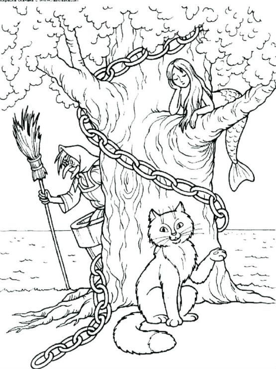 Розмальовки розмальовки для дітей за казками У лукомор'я дуб зелений золота ланцюг на дубі тому кіт по ланцюгу ходить колом русалка баба-яга хова...