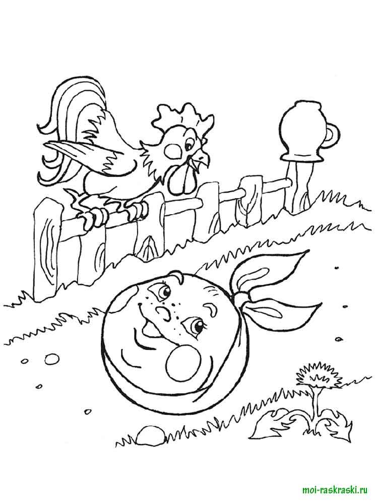 Розмальовки розмальовки для дітей за казками Колобок прокочується повз півника який сидить на паркані з глечиком