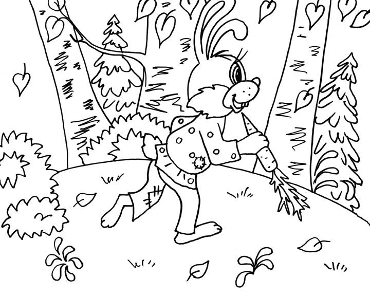 Розмальовки їсть Зайчик йде по лісу і їсть моркву а з дерев падають листя 