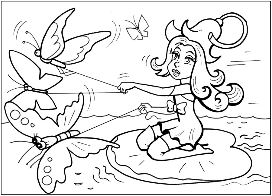 Розмальовки розмальовки для дітей за казками Дюймовочку везуть трьох метелики на листку по воді