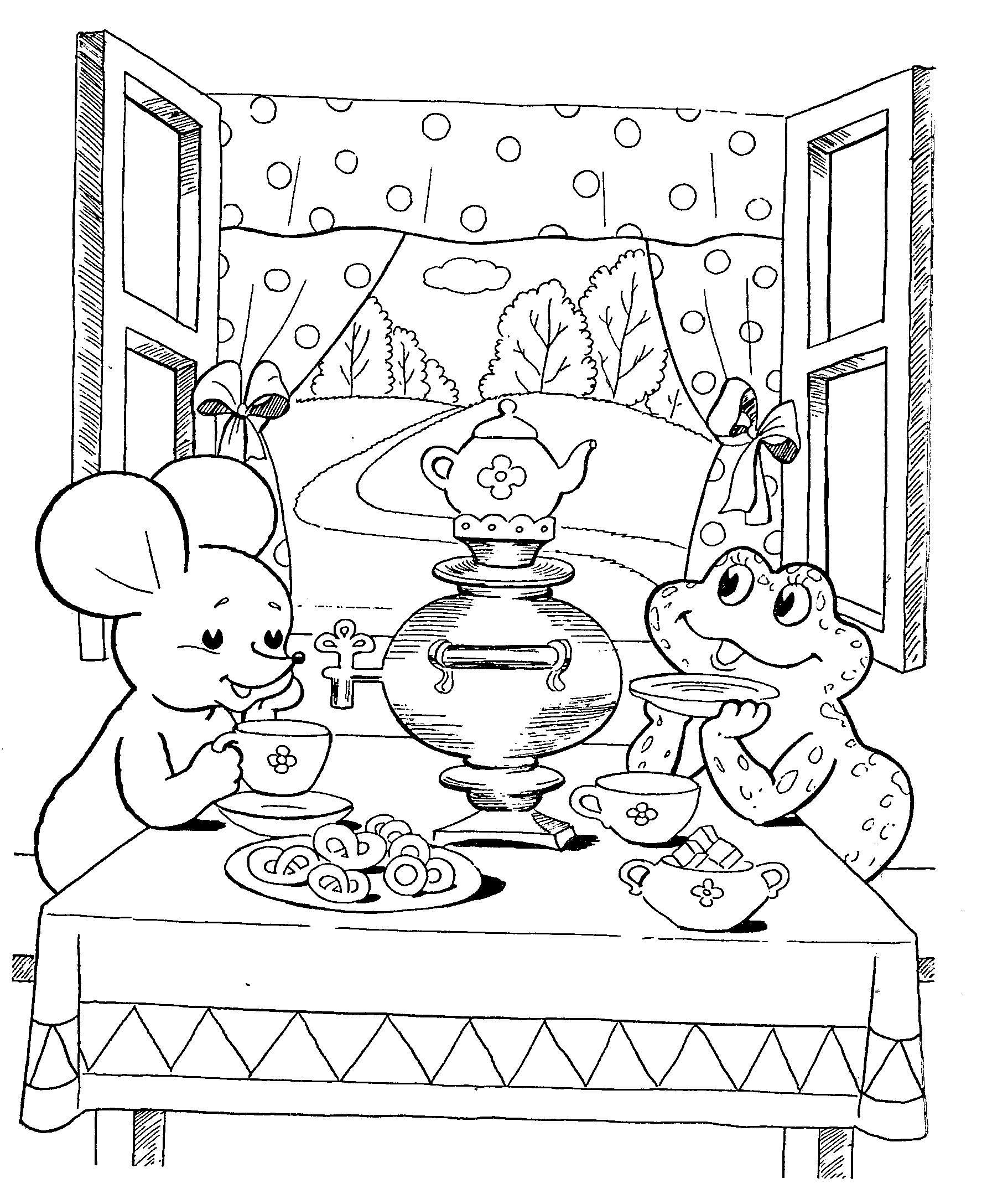 Розмальовки дітей Мишеня і жабеня п'ють чай із самовара на столі у них цукор і сушки а за вікном прекрасний вид на ліс