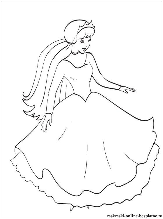 Розмальовки сукні Попелюшка в красивому пишній сукні з короною на голові
