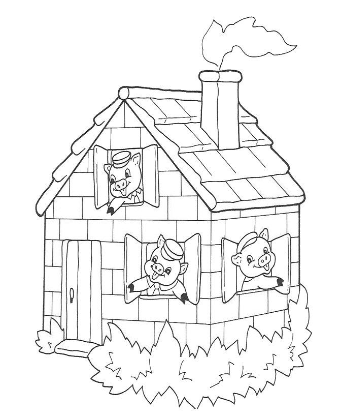 Розмальовки поросят Троє поросят виглядають у віконце зі свого будиночка 