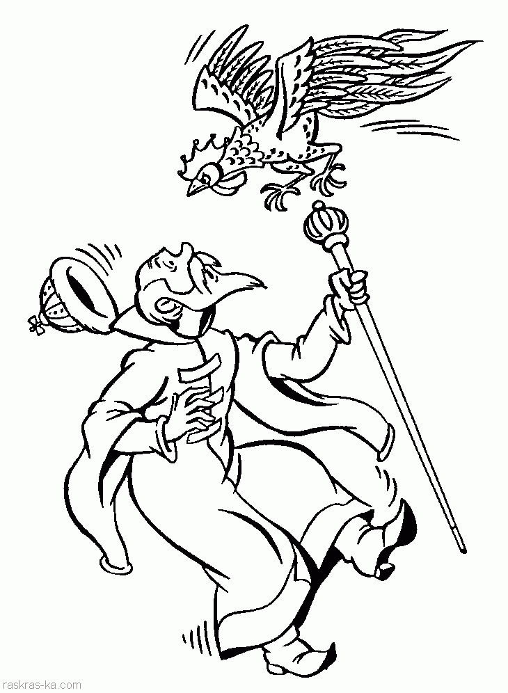 Розмальовки дітей Петушок стрибає на царя і у нього падає шапка