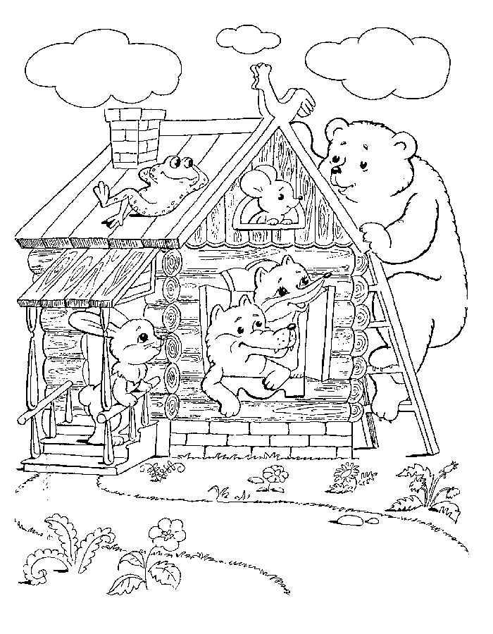 Розмальовки казками Мишка лізе на теремок по сходах на дах де лежить жабеня