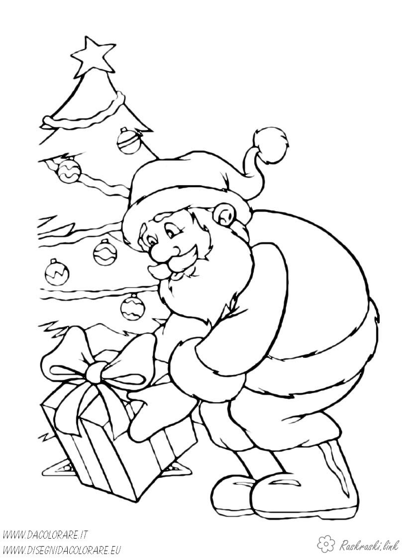 Розмальовки свята розмальовки дітям, чорно-білі картинки, новий рік, свято, зима, дід мороз, подарунки