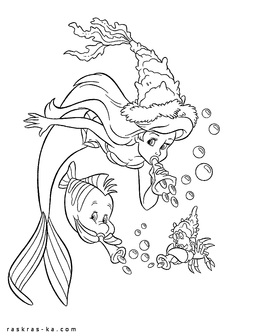Розмальовки казками Русалка з рибкою дмуть в дудочку і виходять бульбашки разом з крабом