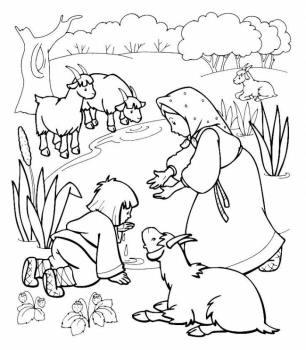 Coloring coloring pages the fairy tale Alyonushka and brother Ivanushka Ivan drinking from puddles tales coloring pages Sister Alyonushka and brother Ivanushka