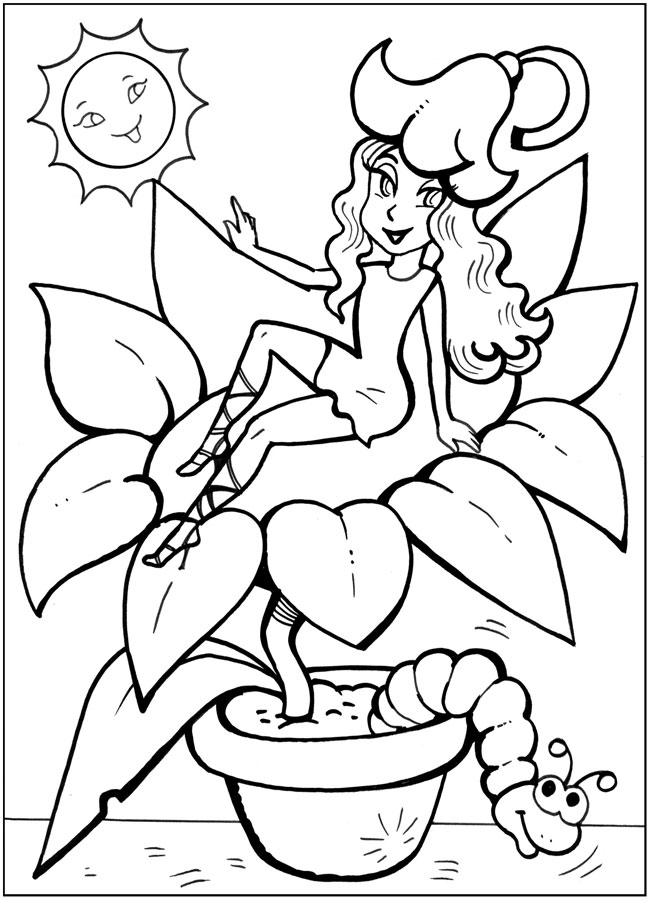 Розмальовки розмальовки для дітей за казками Дюймовочка сидить на соняшнику і їй яскраво світить сонечко