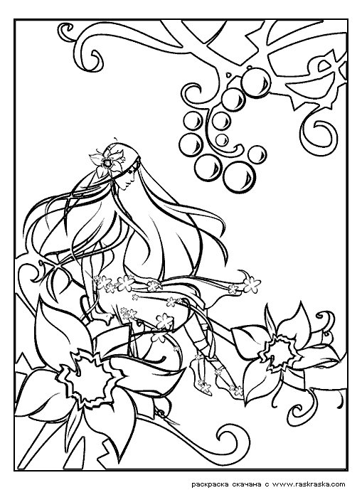 Розмальовки розмальовки для дітей за казками Сидить дівчина а поруч дві квітки і третій у неї на голові