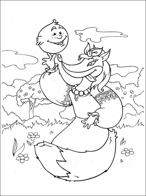 Розмальовки розмальовки для дітей за казками Ошатна лисиця тримає колобка на лапці поруч зі своїм носом