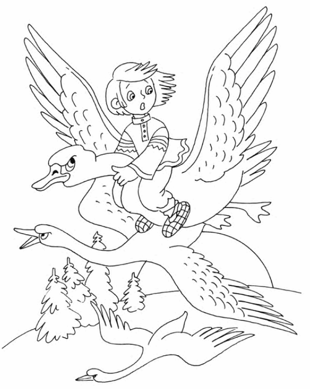 Розмальовки розмальовки для дітей за казками Летять три гуски-лебедя а на одному гусаку-лебеді сиди хлопчик на шиї і міцно тримається за шию