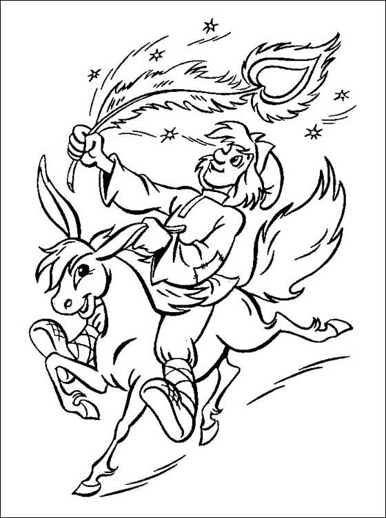 Розмальовки дітей Іван-Дурень верхи на коні-горбунок і в руці у нього перо від жар птиці 