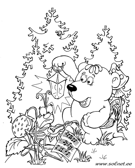 Розмальовки казках Мишка сидить на пеньку і тримає в лапах ліхтарик а поруч з ним цвіркун зі скрипкою 