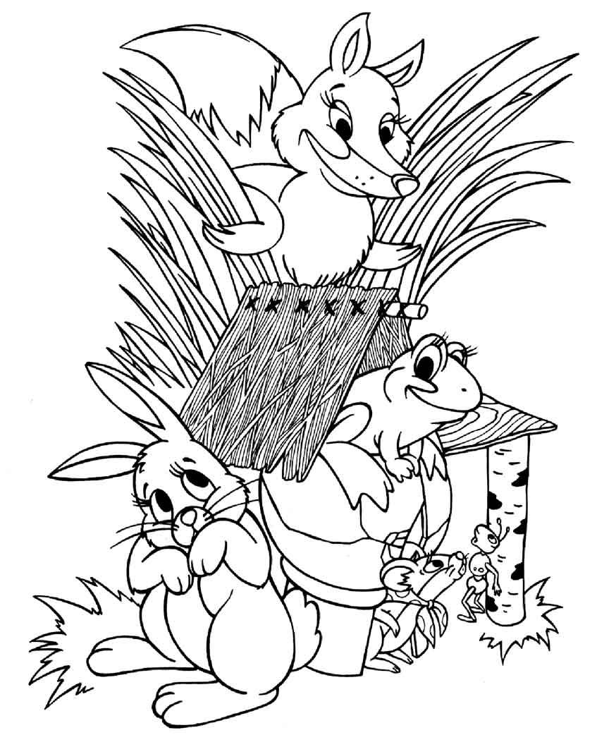 Розмальовки дітей Лисиця визирає з кущів і побачила теремок а там переляканий зайченя жаба мишка і мураха