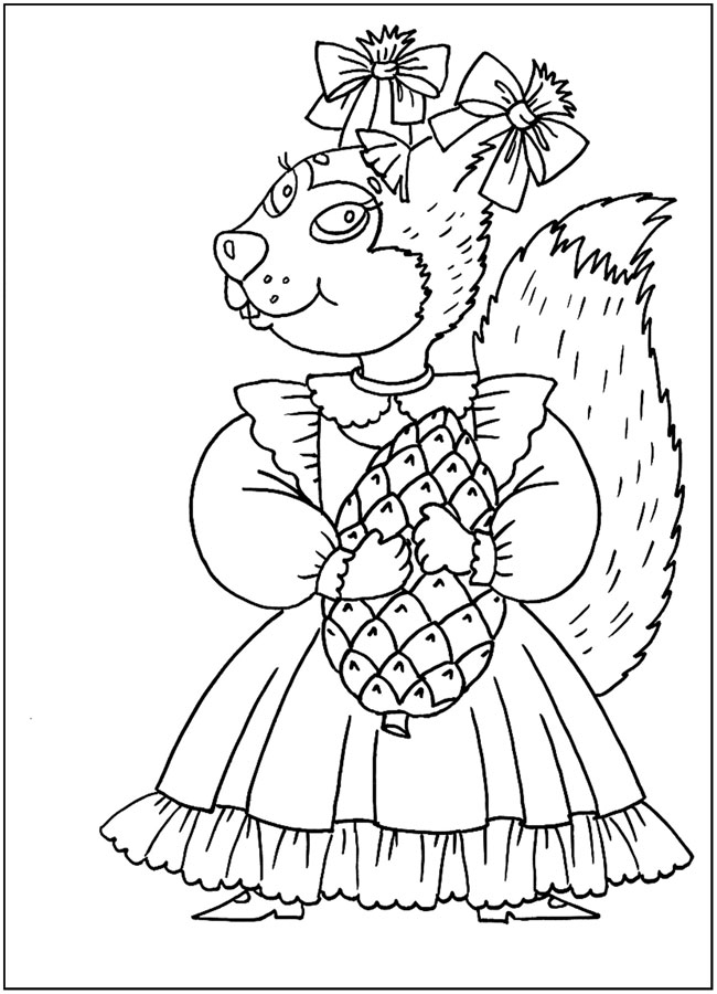 Розмальовки казках Варто білка в ошатному платті з косичками на голові а в руках у неї велика лісова шишка