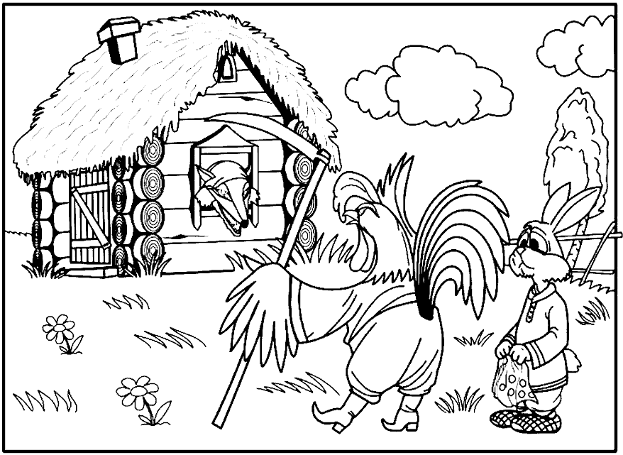 Розмальовки розмальовки для дітей за казками Варто півник з косою в руках а поруч з ним зайченя а з будиночка через віконце визирає лисиця   