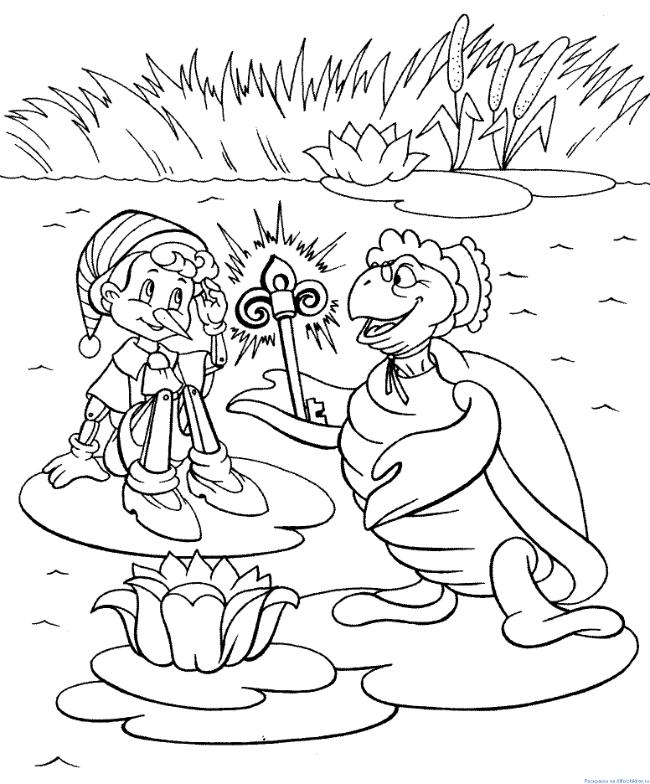 Розмальовки розмальовки для дітей за казками Черепахи Тортилли показує золотий ключик буратіно на болоті