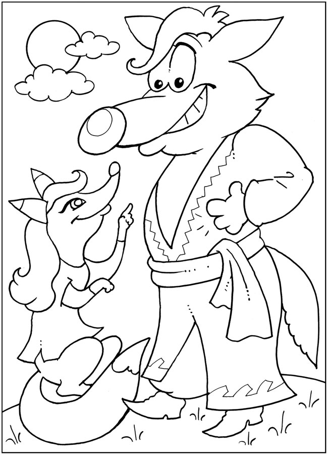 Розмальовки розмальовки для дітей за казками Вовк посміхаючись дивиться на лисицю і в небі світить сонечко