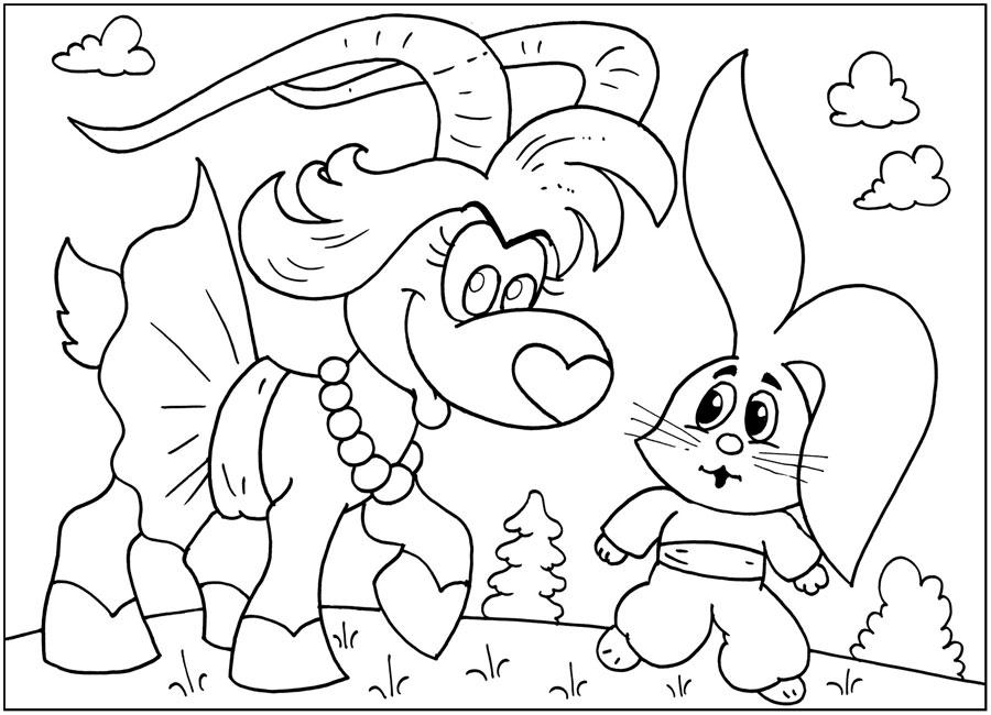 Розмальовки дітей Коза з великими рогами зустріла на шляху вухатого зайченя 