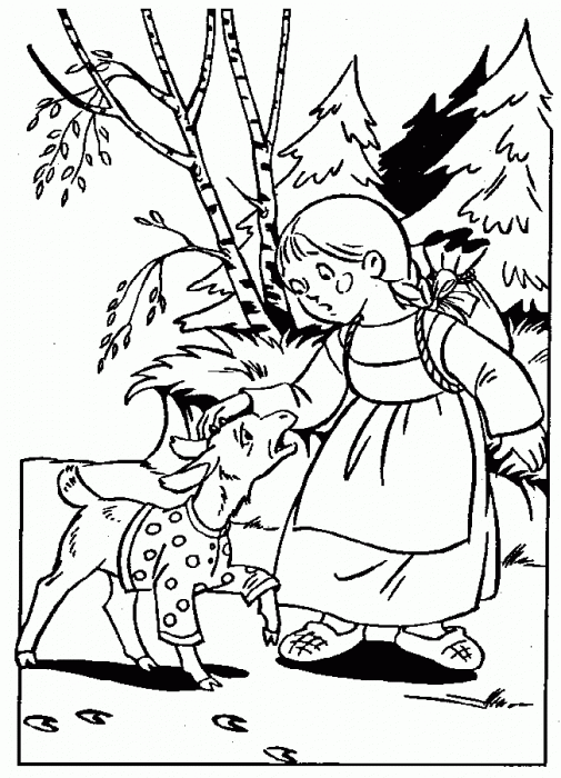 Розмальовки сестриця Сестриця Оленка свого братика який перетворився на козеня напившись водиці з копитця в лісі