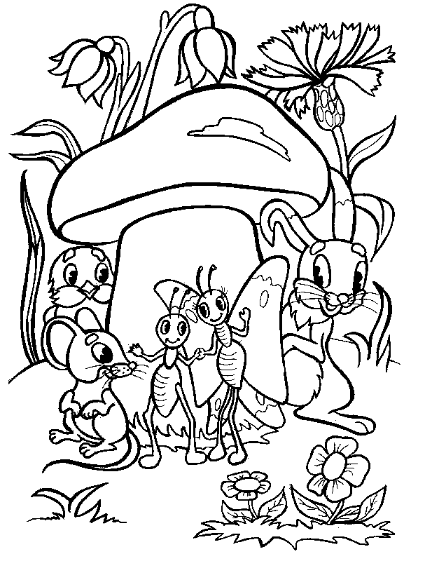 Розмальовки розмальовки для дітей за казками Під великим грибом сховалися горобець мишеня мураха метелик і зайченя від дощу