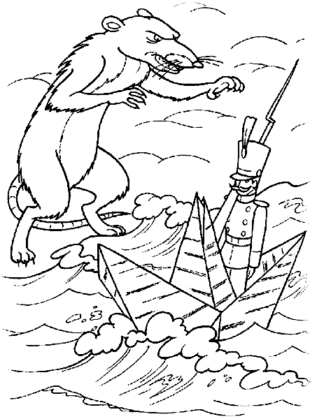 Розмальовки щур Щур намагається зловити олов'яного солдатики але він спливає на паперовому кораблику по воді