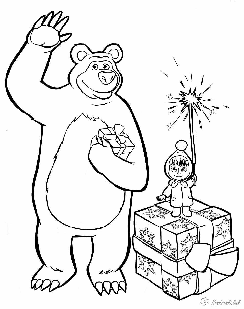 Раскраски Новый год раскраски детям, черно-белые картинки, новый год, праздник, зима, маша и медведь