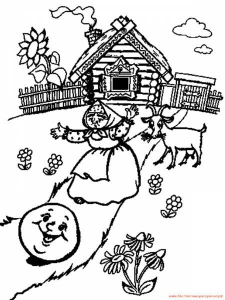 Розмальовки бабусі Колобок у бігає від бабусі по стежці а коза коштує і жує траву