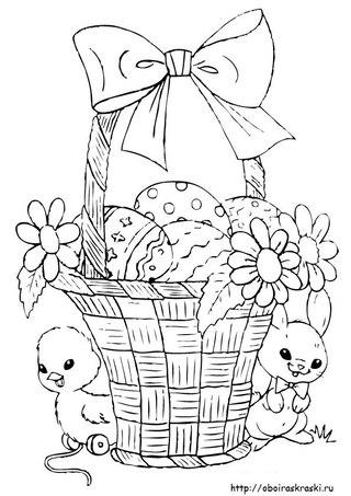 Розмальовки каченя Варто корзинка з фарбованим яєчками а навколо кошики бігає каченя і зайченя