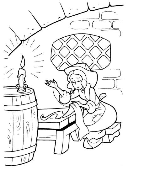 Розмальовки розмальовки для дітей за казками Попелюшка при палаючій свічці займається шиттям  