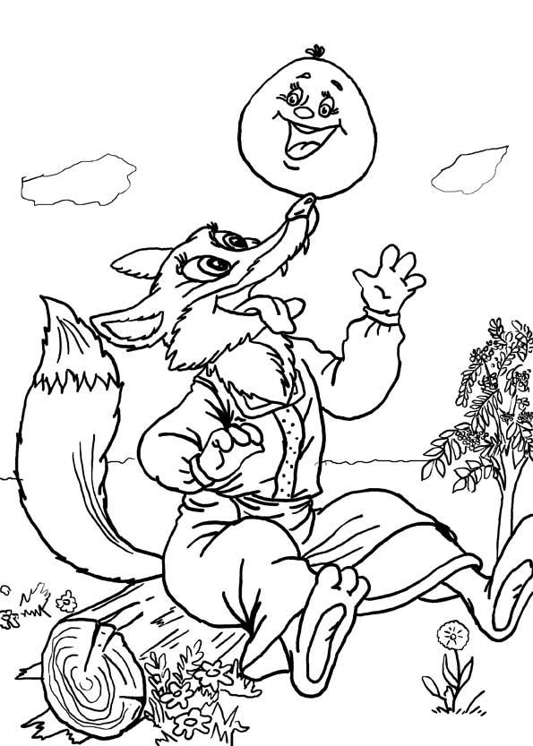 Розмальовки розмальовки для дітей за казками Задоволена лисиця сидить на колоді і грає з колобком у себе на носі
